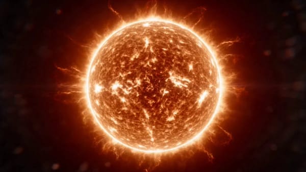 The camera dives through an opening in the surface of an artificial sun. Inside is an entire ci…