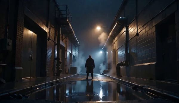 15-second cinematic short, original character in a rain-soaked industrial alley at night, no lo…