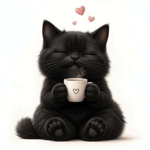 Cute fluffy black cat sitting in a relaxed pose, holding a small white coffee cup with both paw…