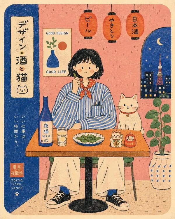 Flat modern risograph-style poster illustration of [Human], wearing [Clothing], sitting front-facin… prompt example