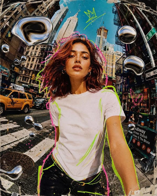 Mixed media collage animation style, a stylish young woman walking confidently toward the camera, r… prompt example