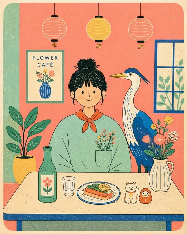 Flat modern risograph-style poster illustration of [Human], wearing [Clothing], sitting front-facin… prompt example