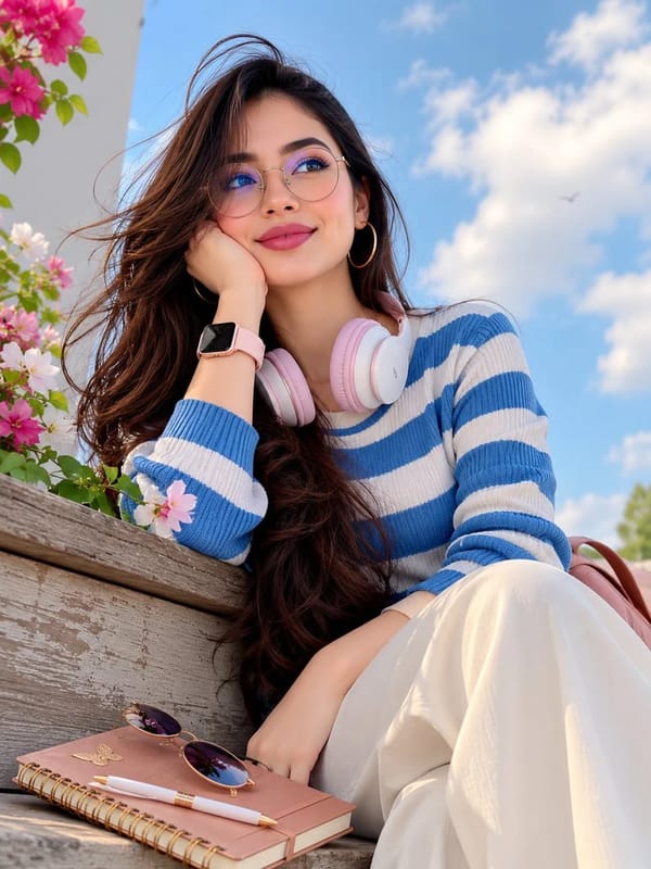 Photorealistic vertical portrait of a young woman outdoors against a bright sky filled with sof…