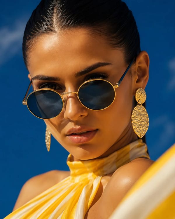 Wide dramatic fashion shot, woman in flowing yellow and white striped halter maxi dress, fabric…