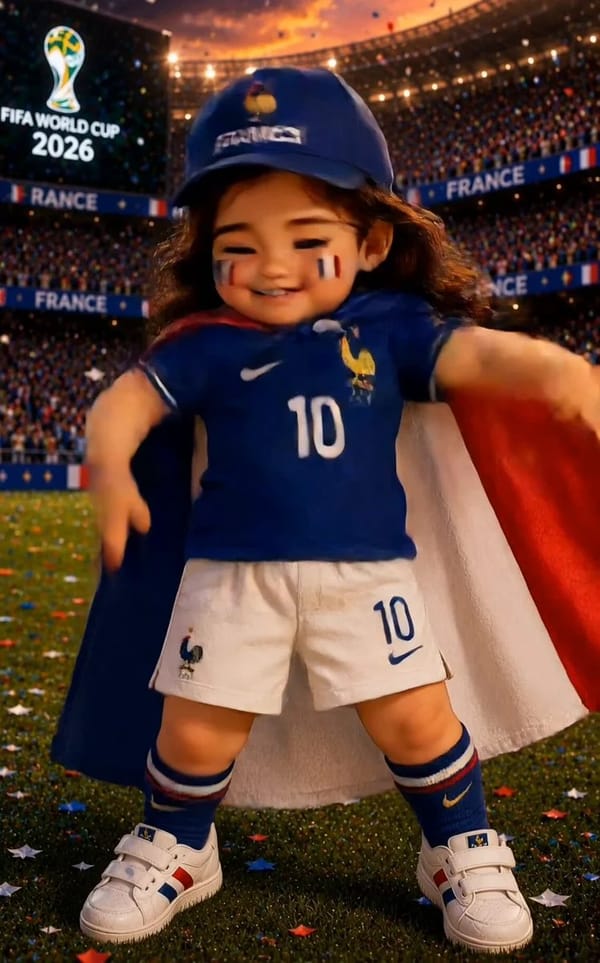 Create a highly detailed 3D cartoon-style baby girl football fan standing in the middle of a packed… prompt example