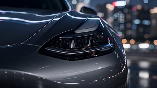 生成视频：10秒高端汽车广告视频，主角是一辆特斯拉 Model 3，深灰色金属车漆，低趴运动姿态，车身线条流畅，极简未来感设计。夜晚城市高架道路，背景是霓虹灯、玻璃幕墙、湿润路面反光，整体氛…