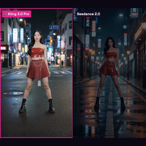 "A young woman dances an eight-second K-pop routine on a neon-lit city street at night, at road…
