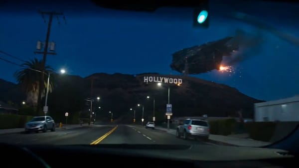 dash cam video, late evening,3 different multi-POV of a gigantic huge space ship crashing into the… prompt example