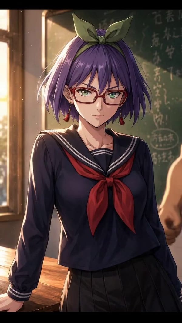 **Base description:** Anime girl, short purple hair, green hair bow, red rectangular glasses, r…
