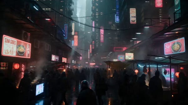 Create a cinematic cyberpunk night scene inside a crowded underground market built beneath a mega-c… prompt example