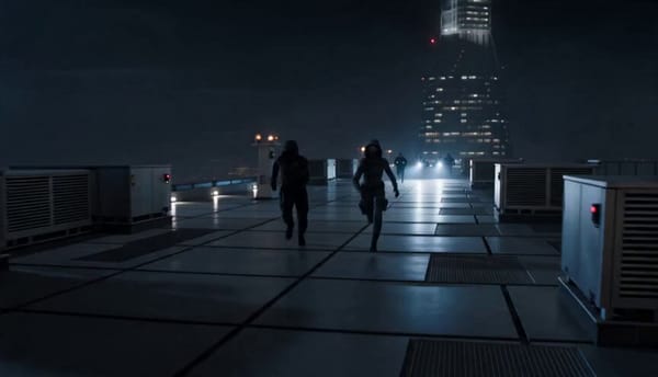 Hyper-realistic cinematic action sequence, 15 seconds, aspect ratio 16:9. Night. On the rooftop…