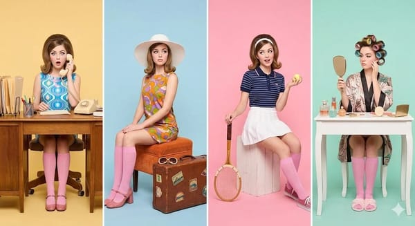 Retro studio photography featuring the same woman in four distinct character roles, laid out si…