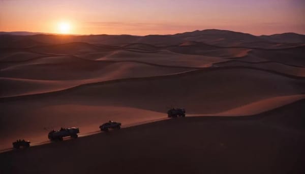 Massive sci-fi desert world at sunset. prompt example