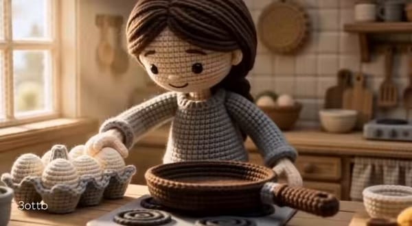 Ultra-realistic stop-motion animation. A cute handmade crocheted girl doll with dark brown hair…