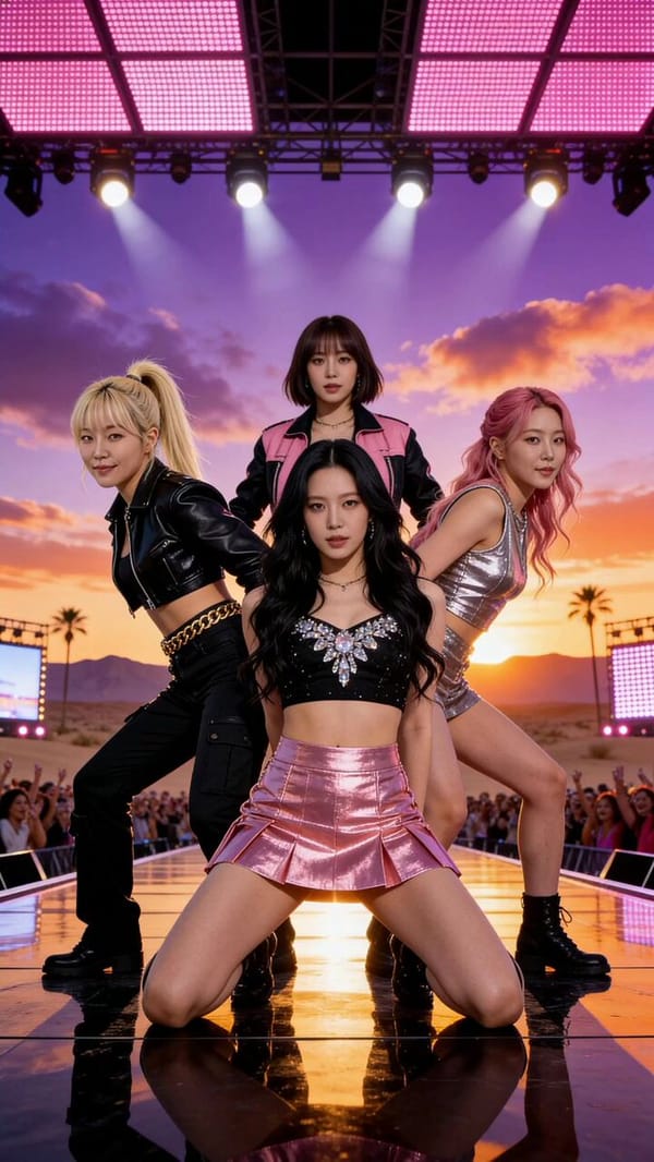Animate the provided first frame into a 15-second cinematic K-pop dance performance video in a…