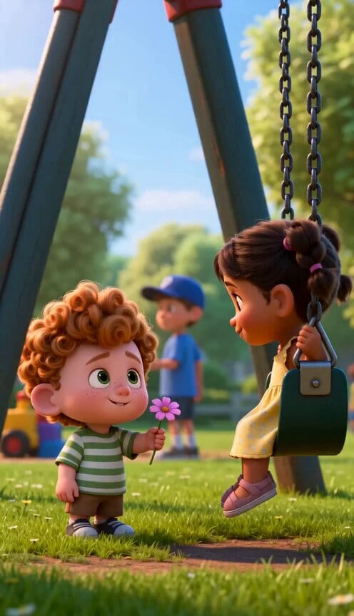 Wholesome comedic Pixar-style 3D animated short, cinematic, vertical 9:16, 24fps. Sunny park pl…