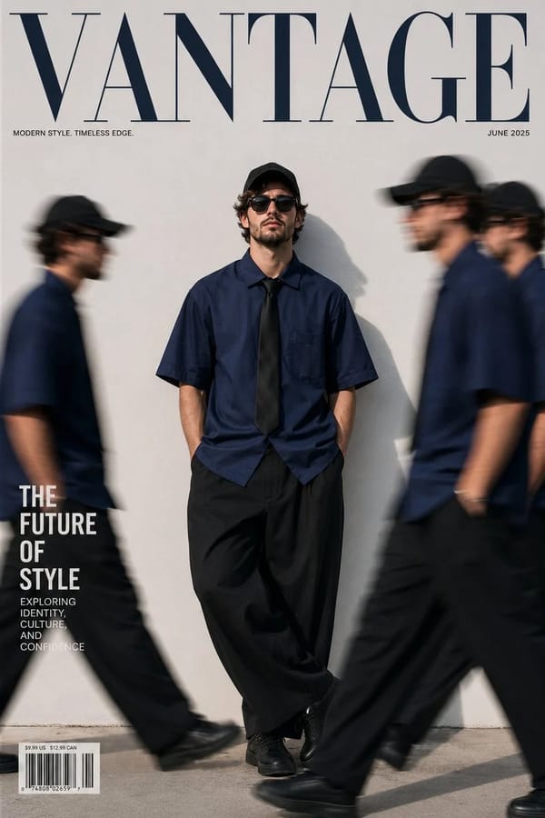 Ultra-realistic fashion magazine cover, minimalist streetwear editorial, young man standing aga…