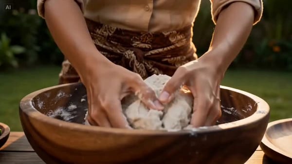 15-Second Cinematic AI Video Prompt – Beautiful Indonesian Girl Making Authentic Pempek (Traditiona… prompt example