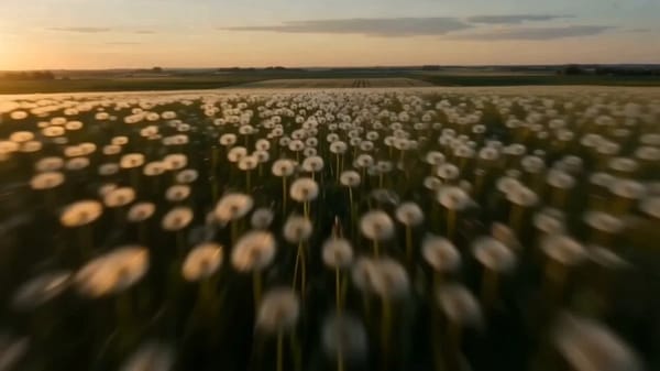 FPV shot: The camera flies through an enormous field of dandelions at sunrise. A powerful gust…