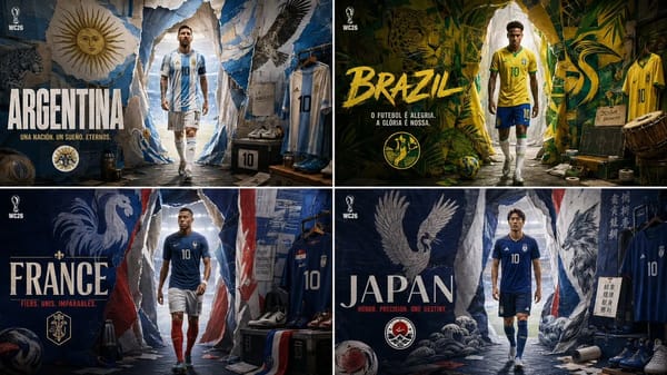 2x2 grid, do this for 4 iconic countries qualified for wc 2026, 16:9 input ::= [Team Or Country…