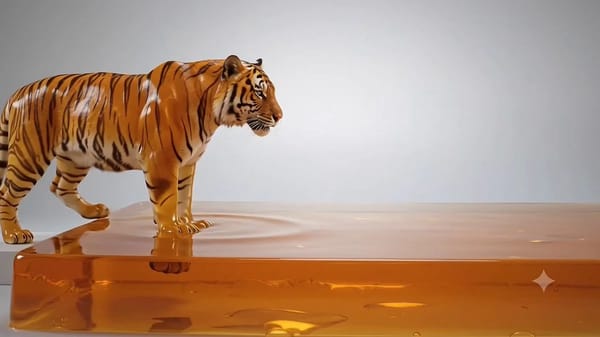 A crystal-clear swimming pool made entirely of translucent amber orange jello on a clean white…