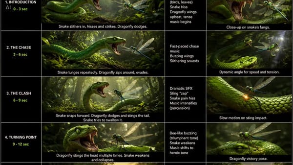 Seedance 2.0, 15 seconds, 16:9. A fast-paced cinematic wildlife battle between a large emerald-gree… prompt example