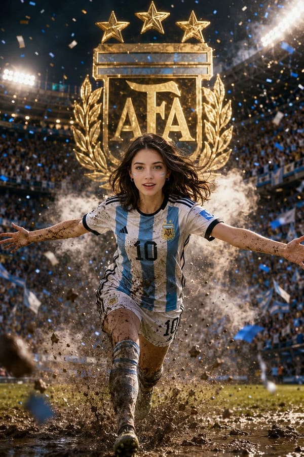Epic Argentina football poster of a young female supporter sprinting toward the camera with arms ou… prompt example
