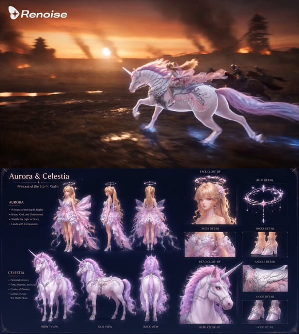 Use the provided character reference sheet for the rider and mount. Strict character consistenc…
