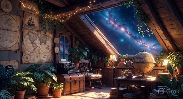 A cozy attic room filled with vintage treasures, old maps, potted plants, fairy lights, and a skyli… prompt example