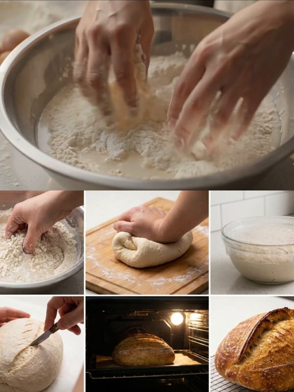 Cinematic 10-sec sourdough recipe timelapse. Hands + ingredients only, NO faces. Warm natural kitch… prompt example