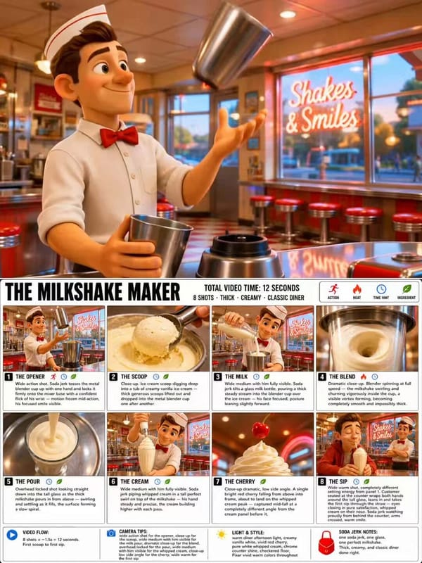 “Create a crisp, clean infographic storyboard poster for THE MILKSHAKE MAKER. Wide 16:9 layout, whi… prompt example