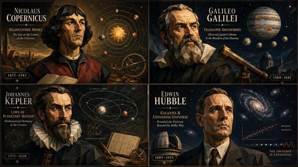 2x2 grid, do this for 4 famous astronomers and their contribution, 16:9 Style = { prompt example