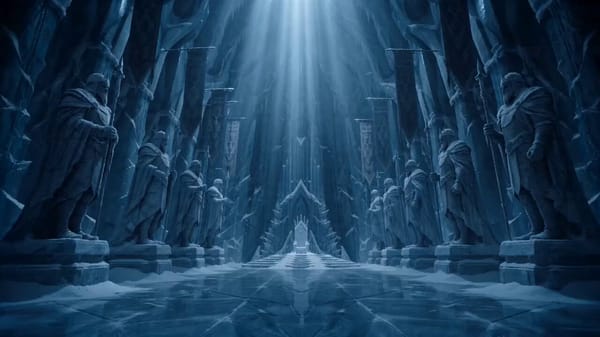 Create an epic cinematic fantasy scene inside a frozen ancient kingdom buried beneath a glacier…