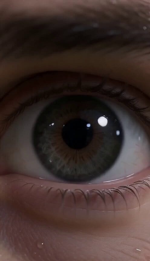 A single uninterrupted cinematic shot begins inside the eye of a young football player. The cam…