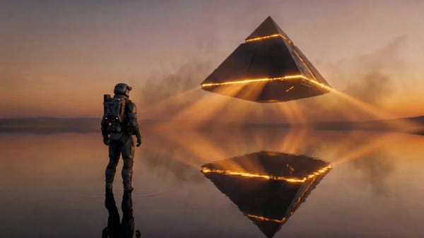 A lone soldier in tactical armor stands on a reflective water surface facing a massive hovering pyr… prompt example