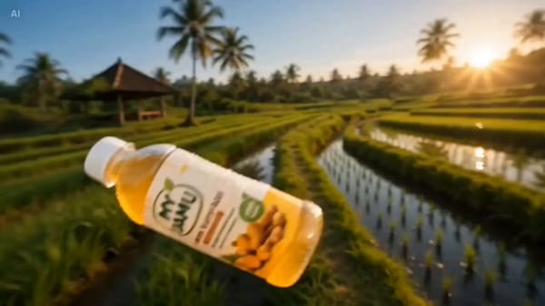 Instant Kunyit Asam. Golden-yellow herbal drink. White cap. White label with bold green prompt…