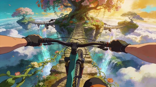 360 POV • Floating sky gardens • Suspended stone stairs • Giant flowers • Broken bridges • Natural… prompt example