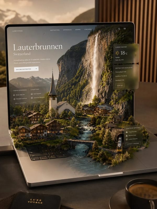 Ultra-premium travel platform visualized as a miniature world emerging seamlessly from an elega…
