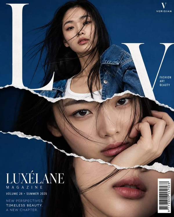 High-fashion magazine cover design, torn-paper collage effect, young East Asian woman with long bla… prompt example