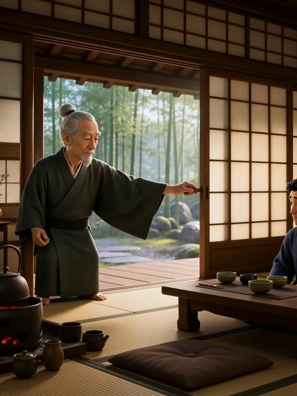Use the attached THE TEA MASTER storyboard image as the exact reference. Create a 12-second 16:…