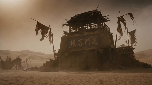 只参考镜头顺序、人物调度、动作逻辑、场景关系和高潮推进；不要保留分镜格子、编号、标题、中文文字和边框。15 秒，快、紧、狠，不拖沓。前半段：风沙客栈建立、刀客入门、杀机暗起、翻桌拔刀。中段：…