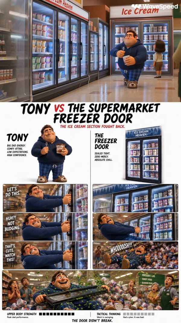 Use the attached Image TONY VS THE SUPERMARKET FREEZER DOOR character sheet throughout. Tony is a P… prompt example