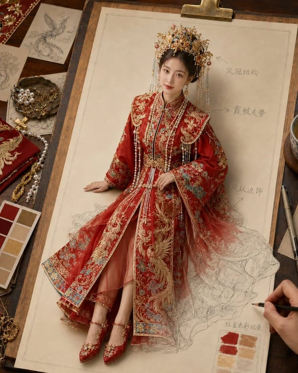 生成一张《纸上成真 · 东方嫁衣》风格图片，4:5 竖版。 prompt example