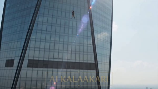 Style: high-budget action — anamorphic widescreen, lens flares, vertigo height, speed ramps, bullet… prompt example