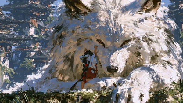 tiny girl, giant white wolf, mountain village background, painterly fantasy style. 0.0-1.0: Locked… prompt example