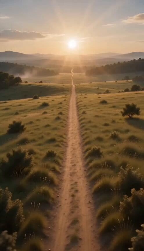 A single uninterrupted cinematic shot begins at sunrise above an empty dirt pathway stretching…
