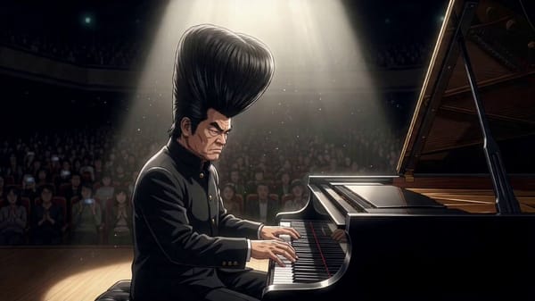 Ultra-realistic live-action style. The character from the reference image plays a grand piano on a… prompt example