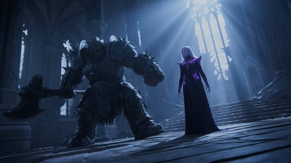 [STYLE + CAMERA + ATMOSPHERE] Cinematic dynamic fantasy battle between two war chiefs inside a…
