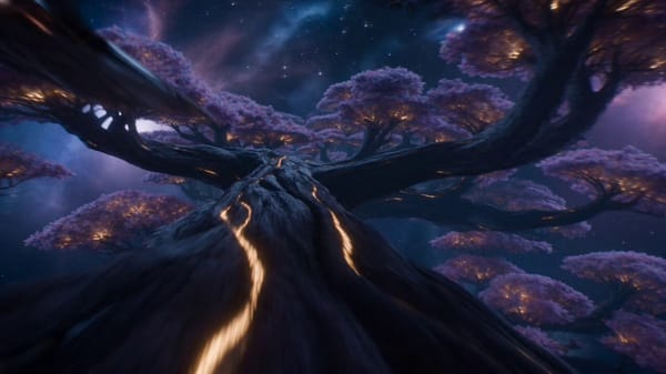 The camera races along a branch of an impossibly large tree floating in space. The trunk is wider t… prompt example