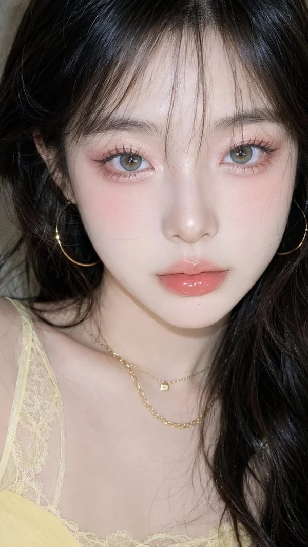 钻绒：柠檬蜜桃水光妆。底妆为冷白奶瓷肌，面中和鼻梁高提亮，皮肤亮白净透但保留真实柔焦质感。眉毛为浅灰棕柔雾眉，眉形平缓，存在感低。眼妆使用浅蜜桃粉、玫瑰粉在上眼皮和眼下轻柔晕染，眼下腮红连接…